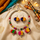 Urthn Traditional Oxidised Silver Tone Pom Pom Necklace Set for women