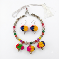 Urthn Traditional Oxidised Silver Tone Pom Pom Necklace Set for women(Pack Of 3)