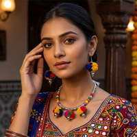 Urthn Traditional Oxidised Silver Tone Pom Pom Necklace Set for women(Pack Of 3)