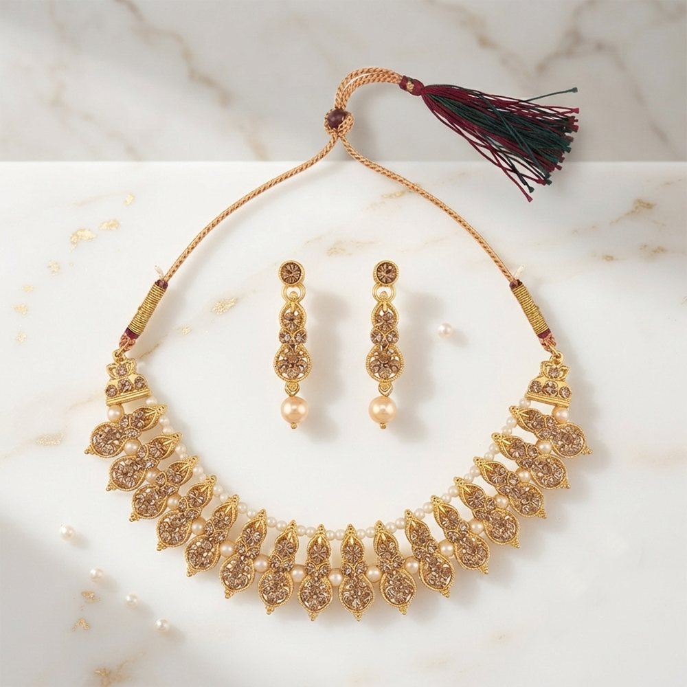 Urthn Gold Plated Pearl & Crystal Necklace Set for Women Traditional Jewellery 