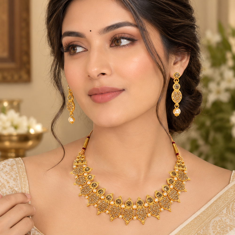 Urthn Gold Plated Pearl & Crystal Necklace Set for Women Traditional Jewellery 