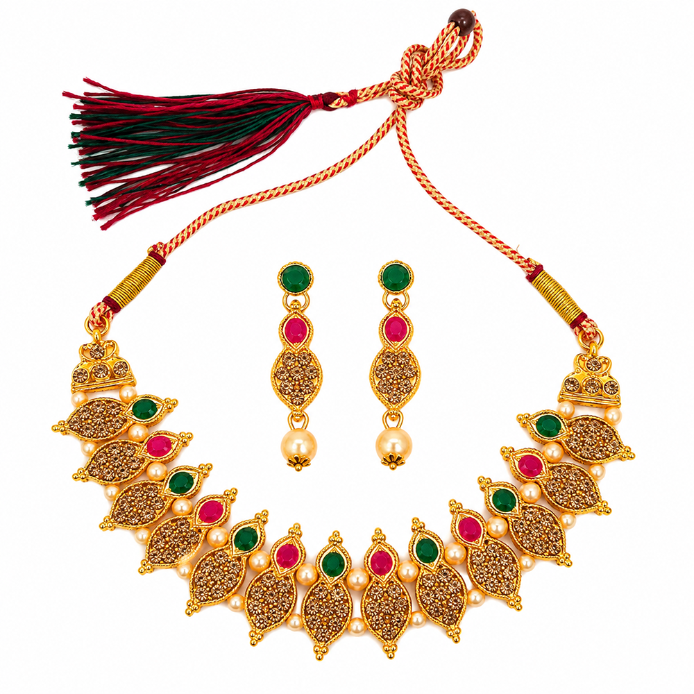 Urthn Gold Plated Pearl & Crystal Necklace Set for Women Traditional Jewellery (pack Of 3)