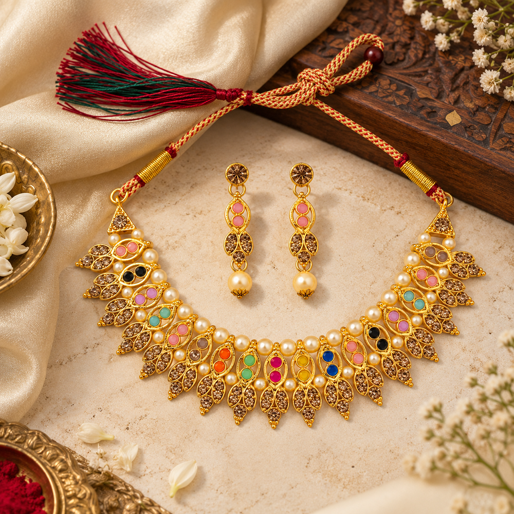 Urthn Gold Plated Pearl & Crystal Necklace Set for Women Traditional Jewellery 