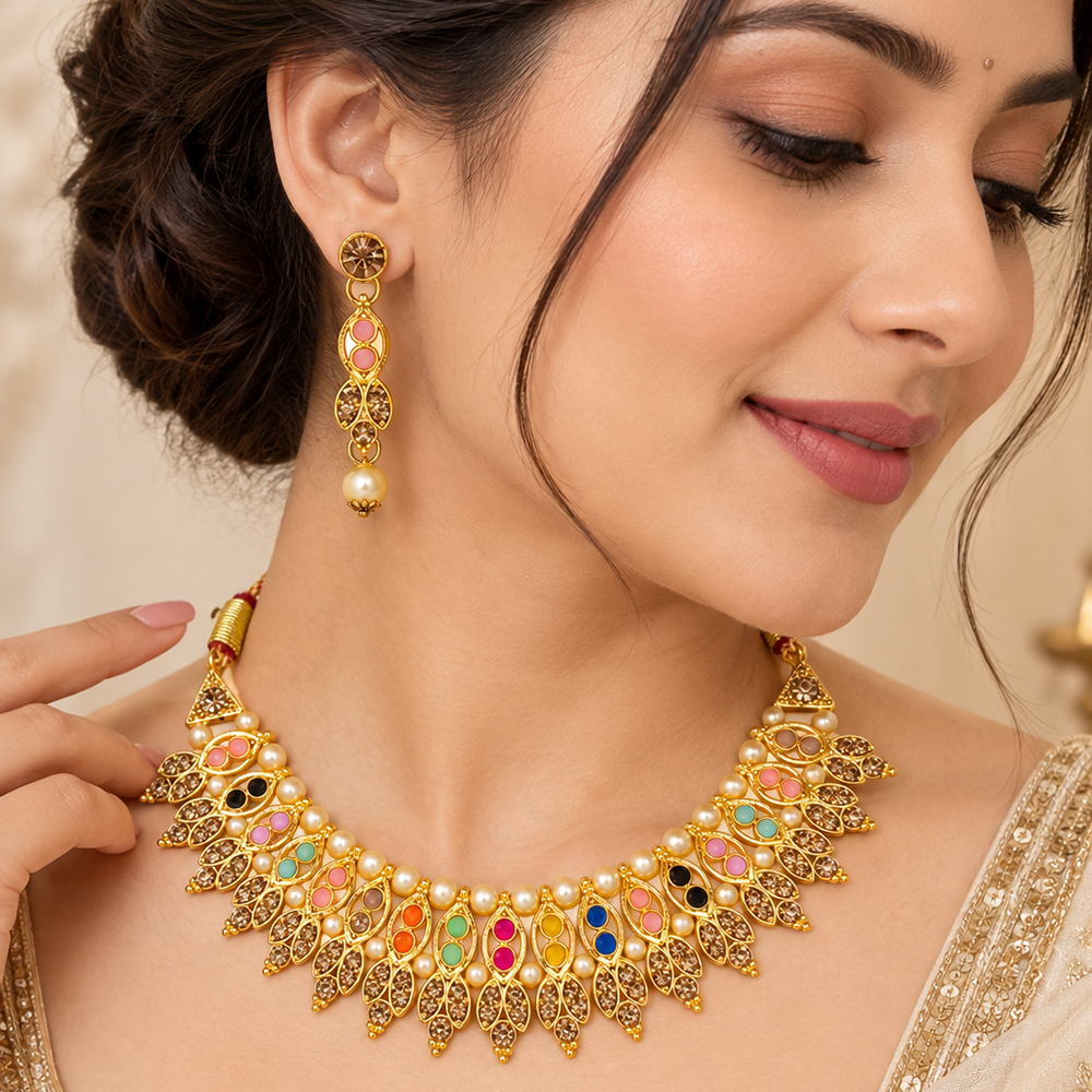 Urthn Gold Plated Pearl & Crystal Necklace Set for Women Traditional Jewellery (pack Of 3)