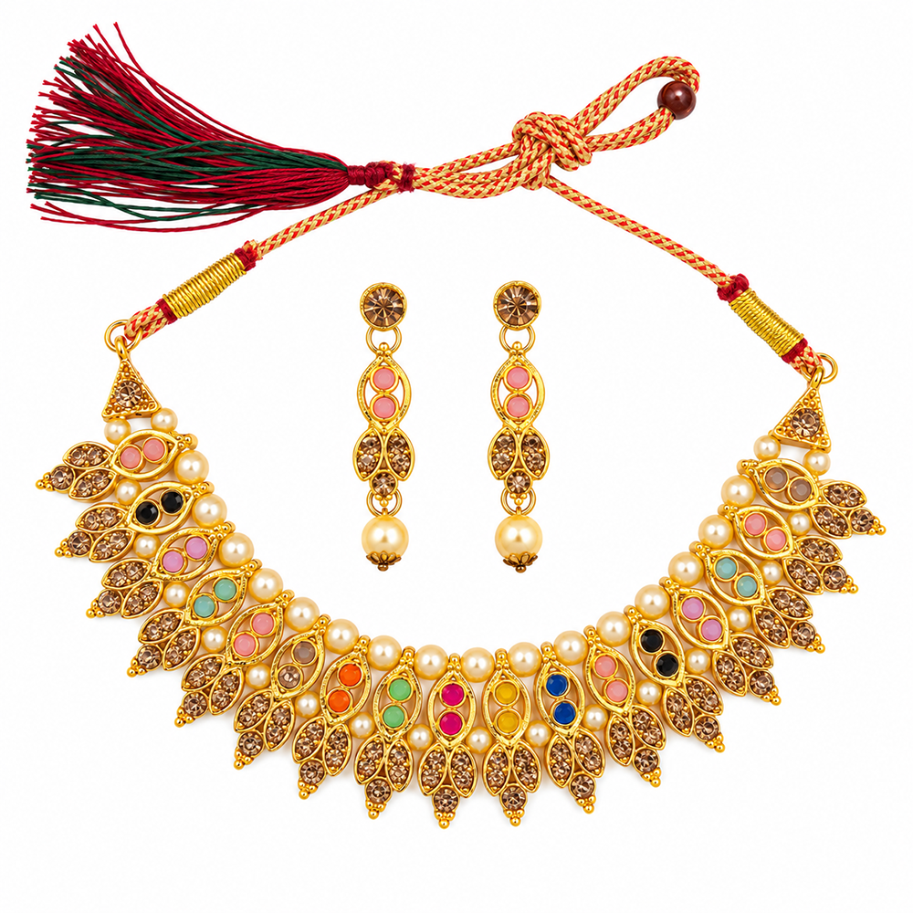 Urthn Gold Plated Pearl & Crystal Necklace Set for Women Traditional Jewellery (pack Of 3)