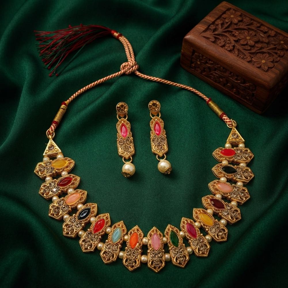 Darshana Jewels Fashion Austrian Stone Pota Stone Pearl Necklace Set for Women 