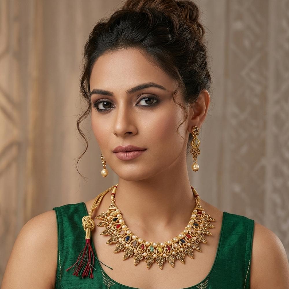 Darshana Jewels Fashion Austrian Stone Pota Stone Pearl Necklace Set for Women 