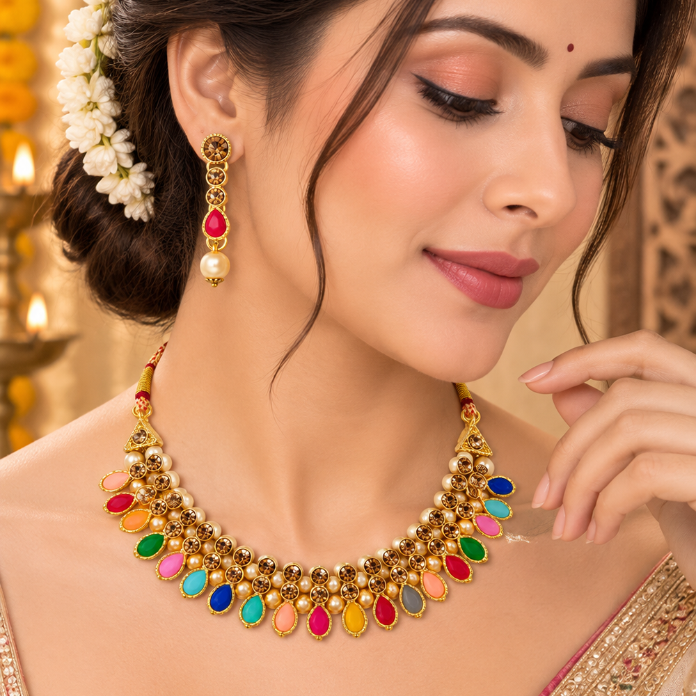 Urthn Gold Plated Pearl & Crystal Necklace Set for Women Traditional Jewellery 