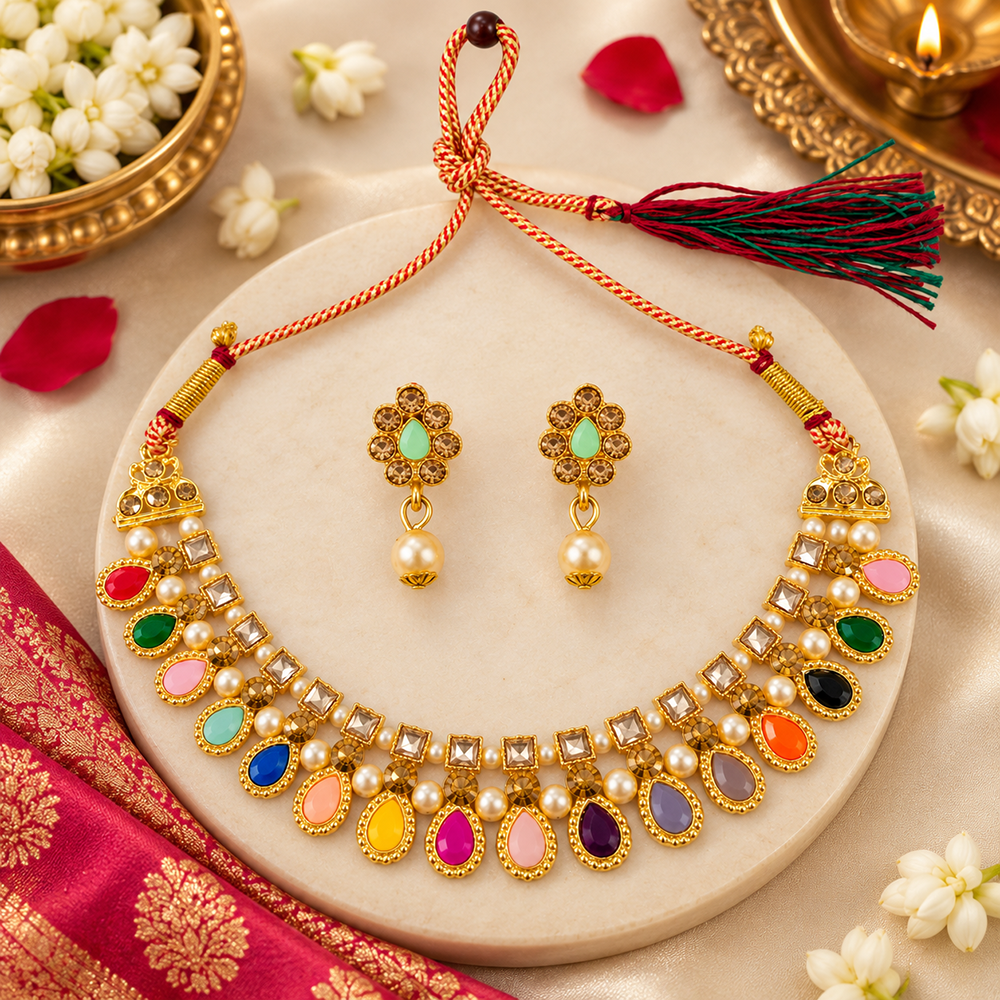 Urthn Gold Plated Pearl & Crystal Necklace Set for Women Traditional Jewellery 