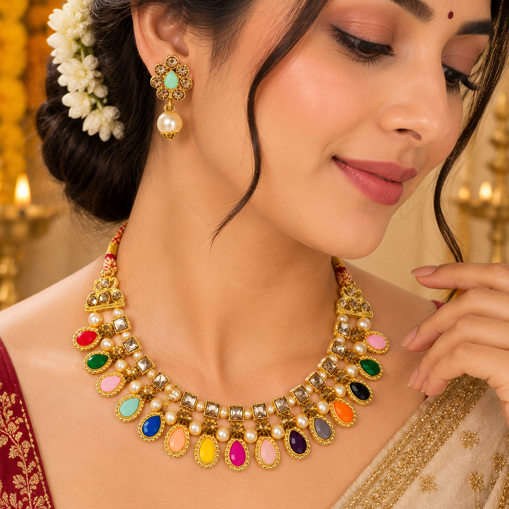 Urthn Gold Plated Pearl & Crystal Necklace Set for Women Traditional Jewellery (Pack of 6)