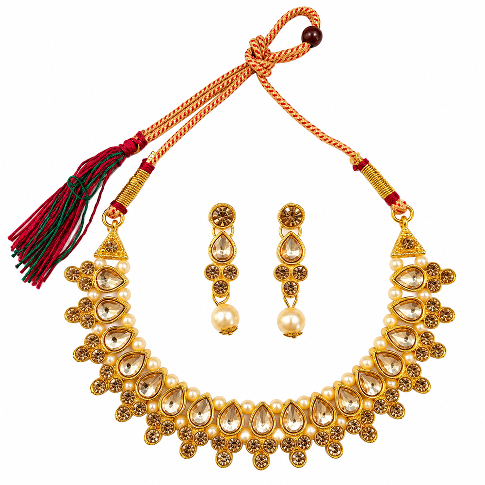 Urthn Gold Plated Pearl & Crystal Necklace Set for Women Traditional Jewellery (Pack of 6)