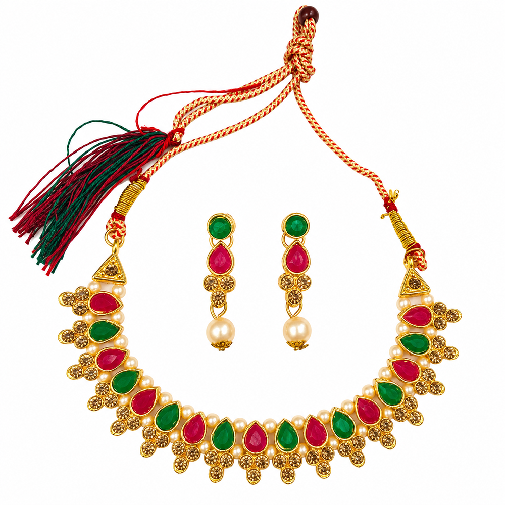 Urthn Gold Plated Pearl & Crystal Necklace Set for Women Traditional Jewellery (Pack of 6)