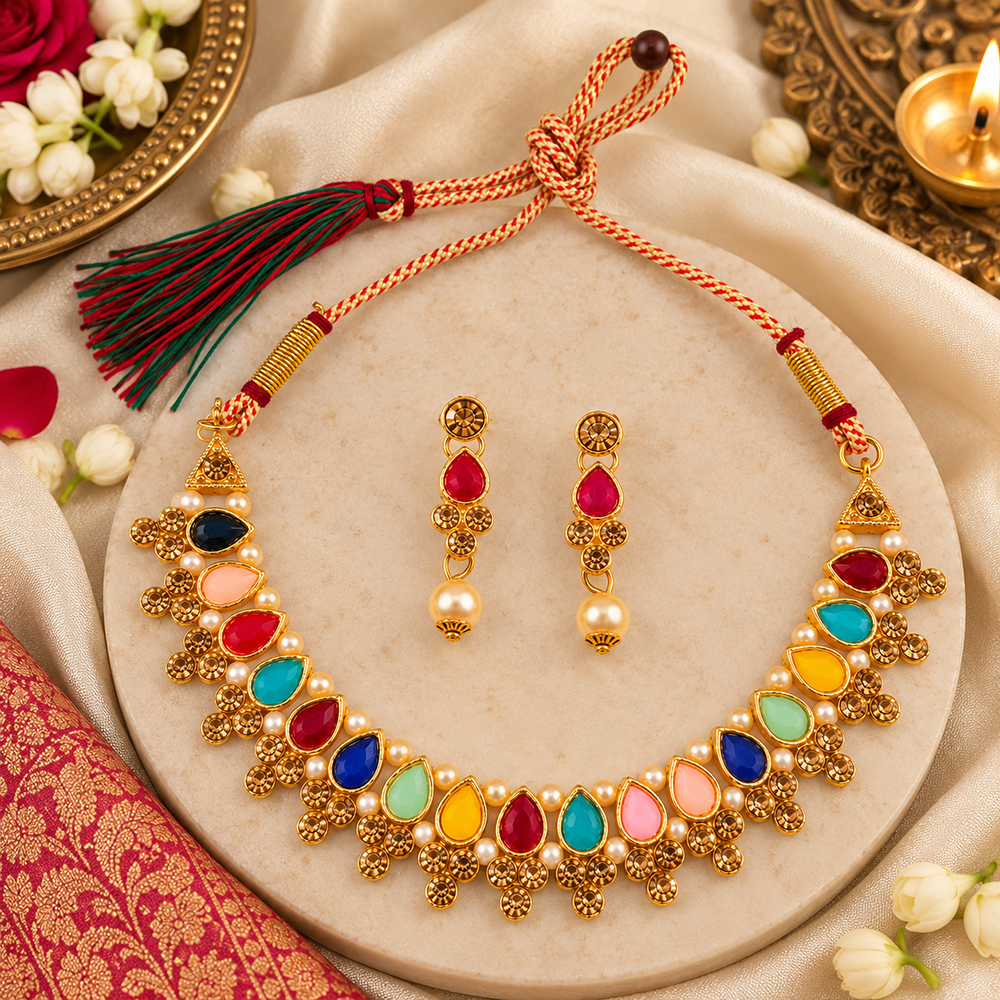 Urthn Gold Plated Pearl & Crystal Necklace Set for Women Traditional Jewellery 