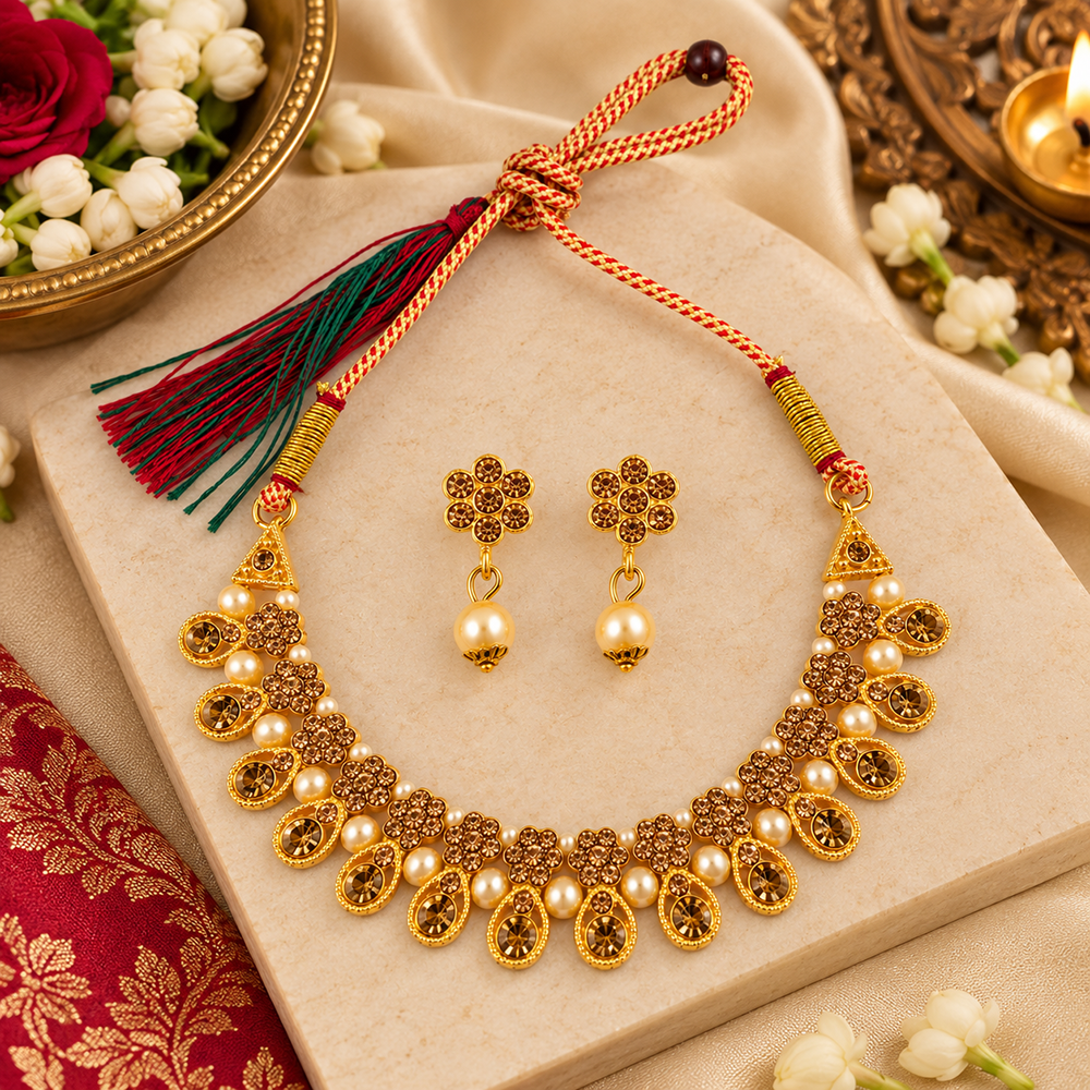 Urthn Gold Plated Pearl & Crystal Necklace Set for Women Traditional Jewellery 