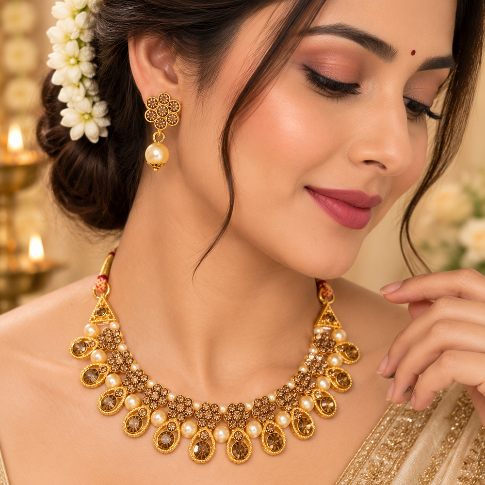 Urthn Gold Plated Pearl & Crystal Necklace Set for Women Traditional Jewellery (Pack of 6)