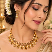 Urthn Gold Plated Pearl & Crystal Necklace Set for Women Traditional Jewellery (Pack of 6)