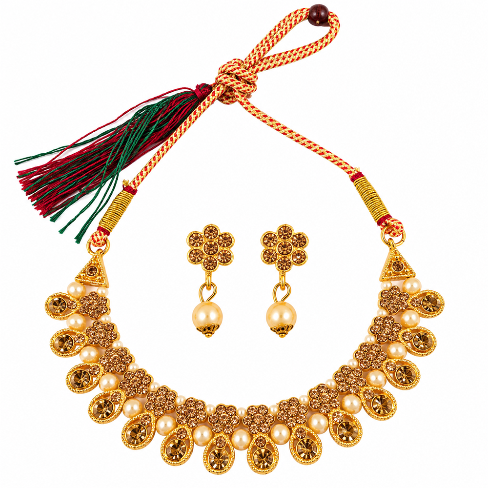 Urthn Gold Plated Pearl & Crystal Necklace Set for Women Traditional Jewellery (Pack of 6)