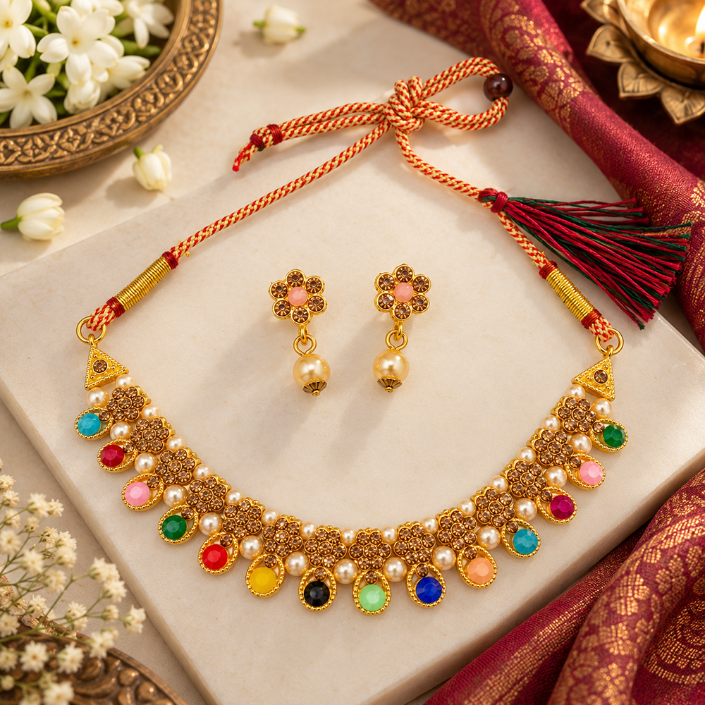Urthn Gold Plated Pearl & Crystal Necklace Set for Women Traditional Jewellery 