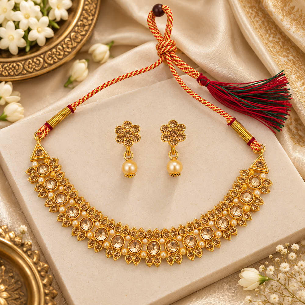 Urthn Gold Plated Pearl & Crystal Necklace Set for Women Traditional Jewellery 