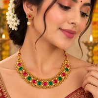 Urthn Gold Plated Pearl & Crystal Necklace Set for Women Traditional Jewellery 