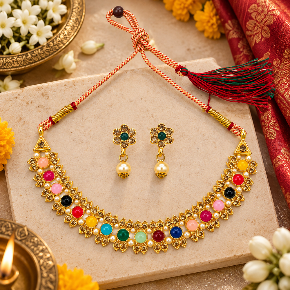 Urthn Gold Plated Pearl & Crystal Necklace Set for Women Traditional Jewellery (Pack of 6)