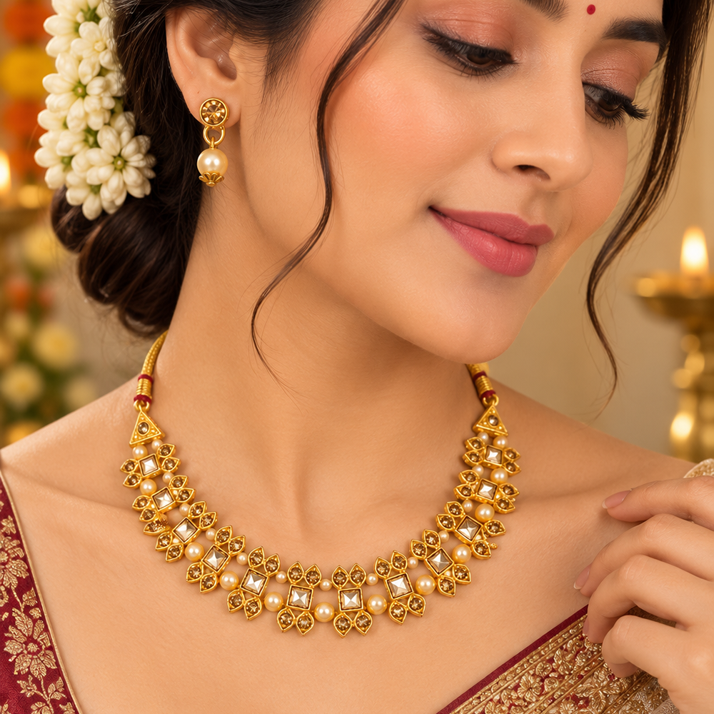 Urthn Gold Plated Pearl & Crystal Necklace Set for Women Traditional Jewellery (Pack of 6)