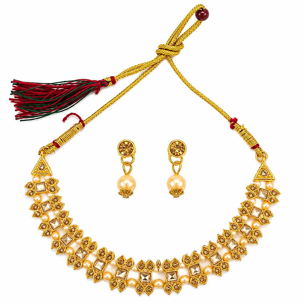 Urthn Gold Plated Pearl & Crystal Necklace Set for Women Traditional Jewellery (Pack of 6)