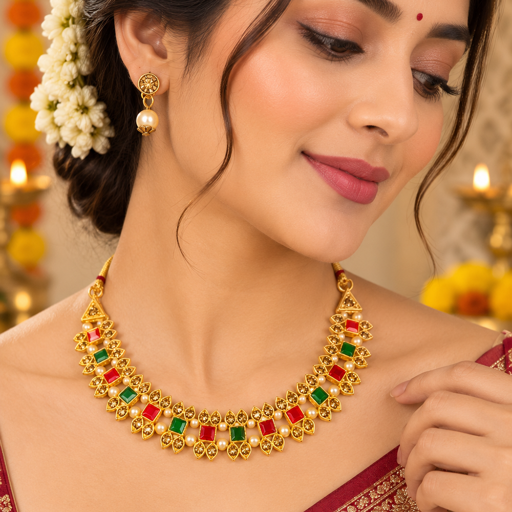 Urthn Gold Plated Pearl & Crystal Necklace Set for Women Traditional Jewellery (Pack of 6)