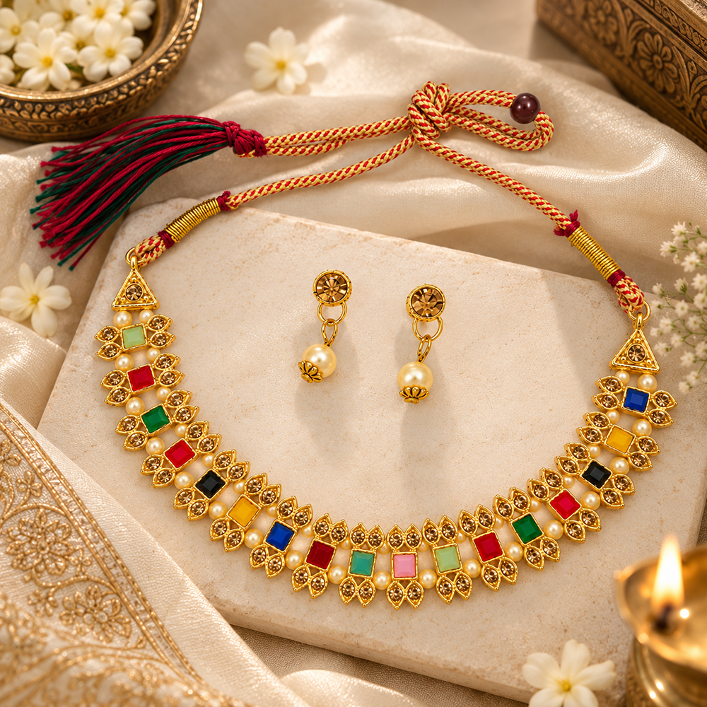 Urthn Gold Plated Pearl & Crystal Necklace Set for Women Traditional Jewellery 