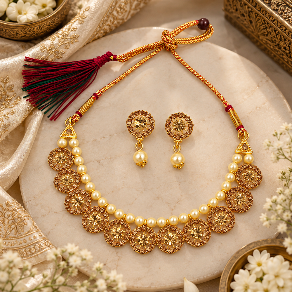 Urthn Gold Plated Pearl & Crystal Necklace Set for Women Traditional Jewellery 