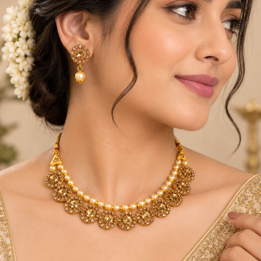 Urthn Gold Plated Pearl & Crystal Necklace Set for Women Traditional Jewellery (Pack of 6)