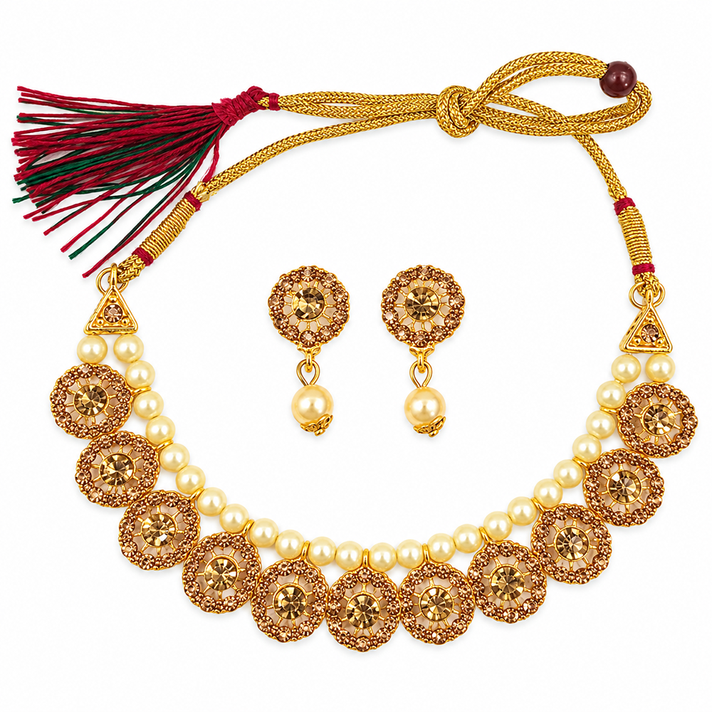 Urthn Gold Plated Pearl & Crystal Necklace Set for Women Traditional Jewellery (Pack of 6)