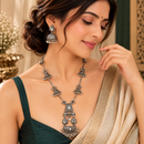 Urthn Oxidised Plated Mirror And Pearl Long Necklace Designer Jewellery Set