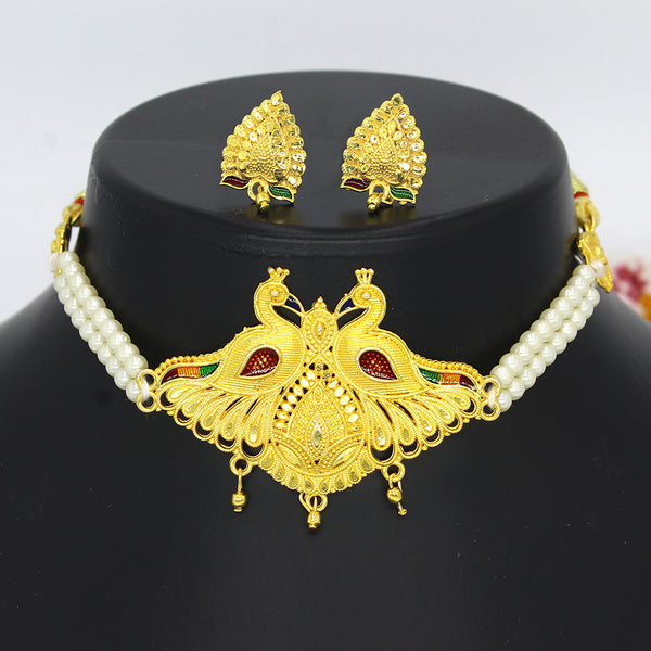 Mahavir Dye Gold Pearl Peacock Choker Necklace Set