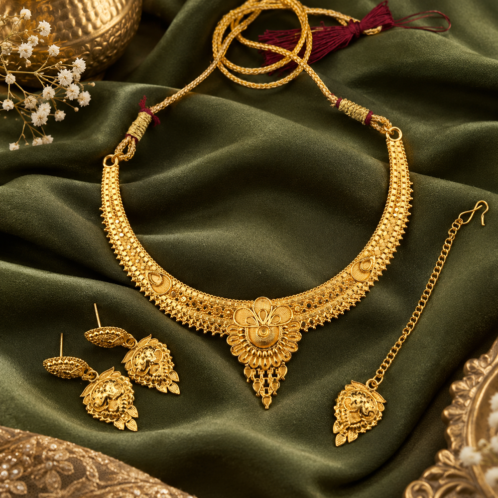 Urthn Traditional Gold Plated Necklace Set with Maangtikka | Elegant Ethnic Jewellery for Women(Pack Of 3 )