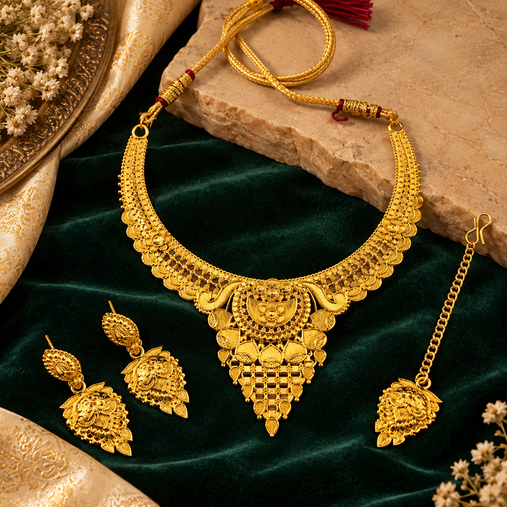 Urthn Traditional Gold Plated Necklace Set with Maangtikka | Elegant Ethnic Jewellery for Women(Pack Of 3 )