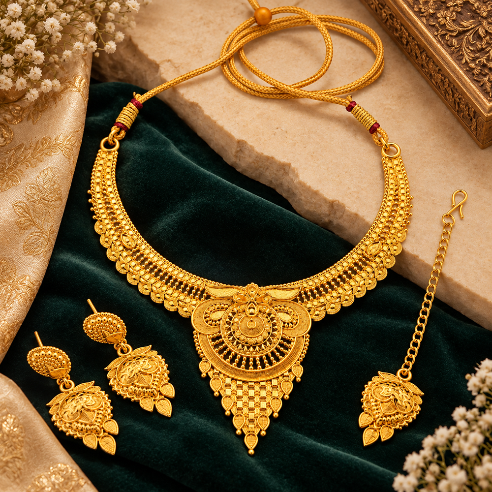 Urthn Elegant Gold Plated Ethnic Necklace Set with Maangtikka | Wedding & Special Occasion Jewellery(Pack Of 3 )
