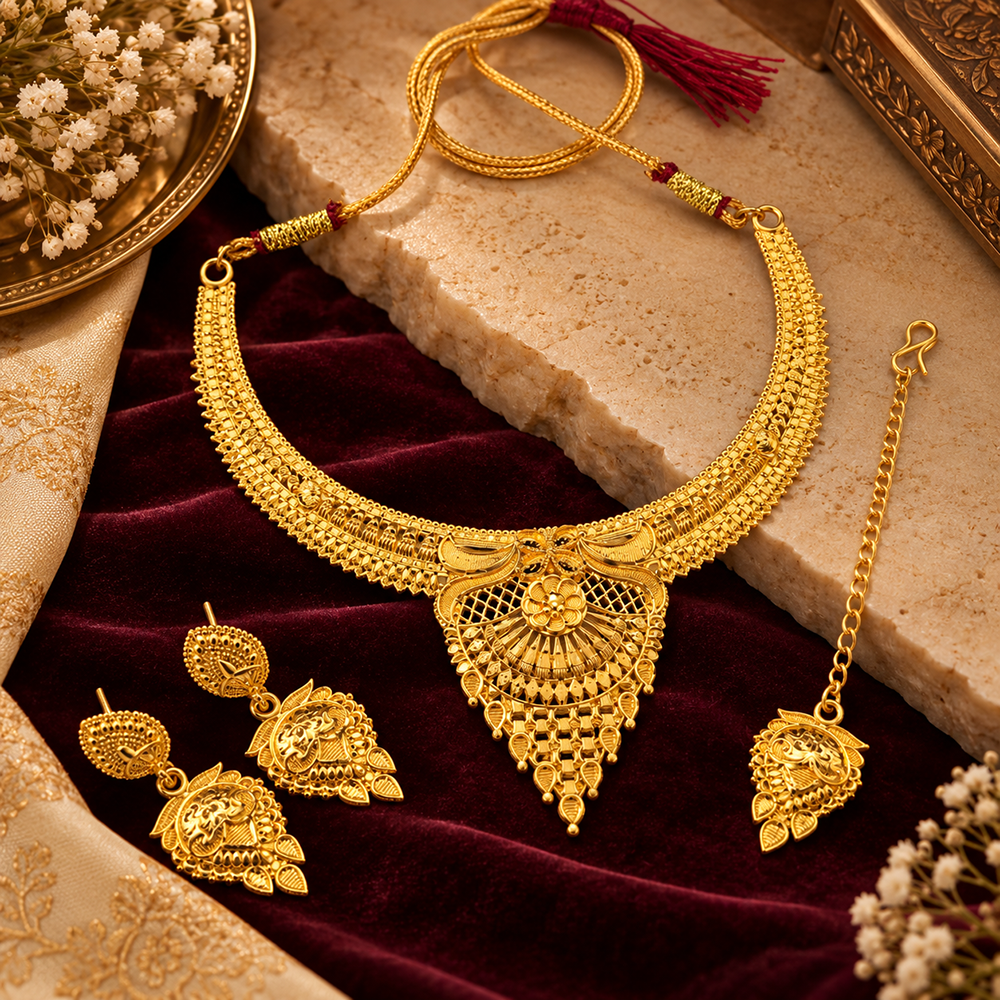 Urthn Elegant Gold Plated Ethnic Necklace Set with Maangtikka | Wedding & Special Occasion Jewellery(Pack Of 3 )