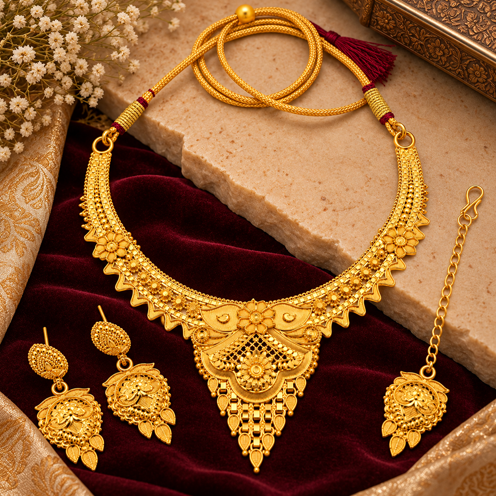 Urthn Elegant Gold Plated Ethnic Necklace Set with Maangtikka | Wedding & Special Occasion Jewellery(Pack Of 3 )