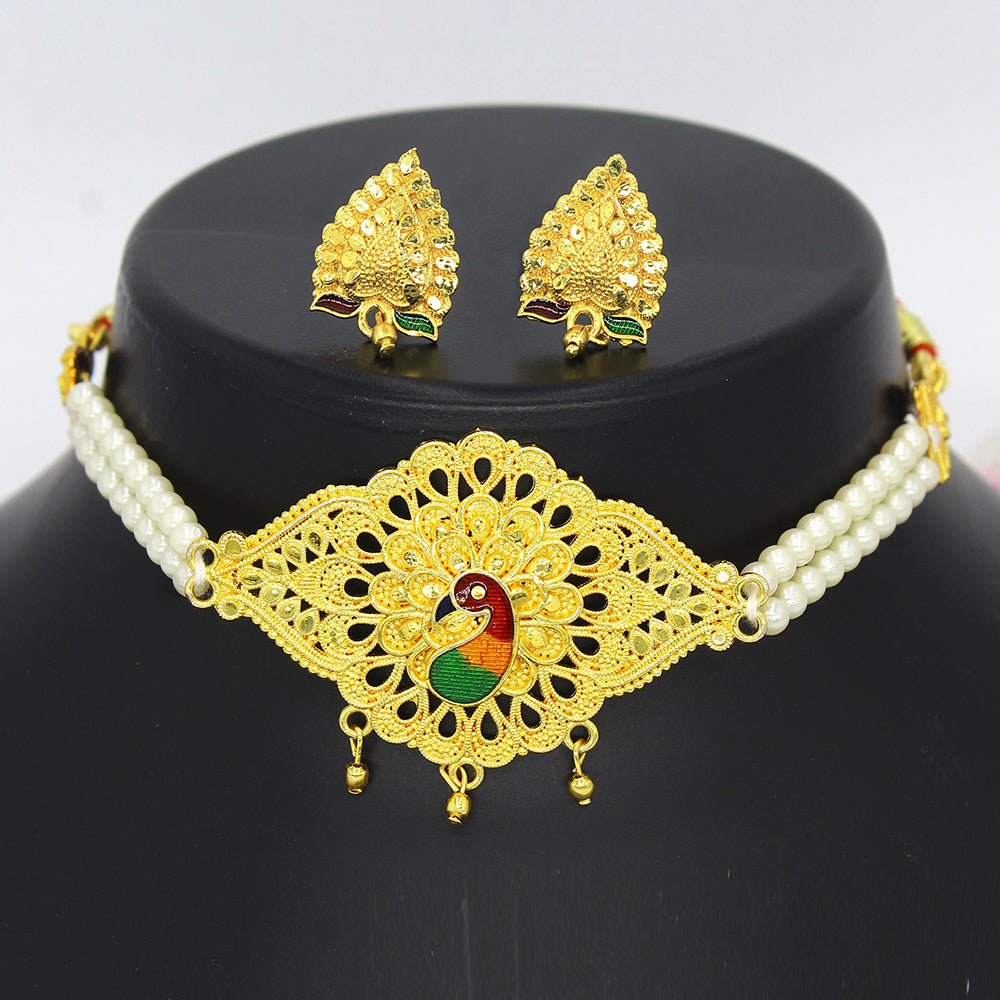 Mahavir Dye Gold Pearl Peacock Choker Necklace Set