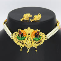 Mahavir Dye Gold Pearl Peacock Choker Necklace Set