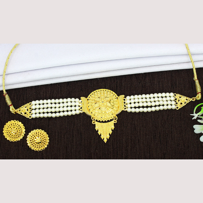 Mahavir Gold Plated Pearl Choker Necklace Set