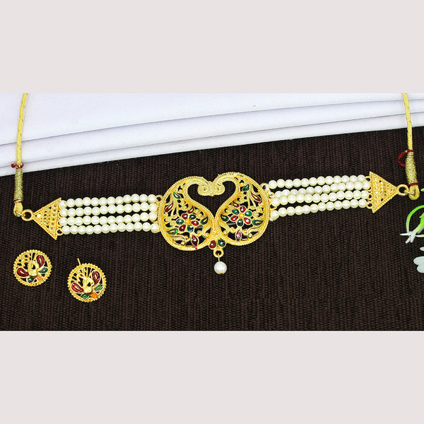 Mahavir Gold Plated Pearl Choker Necklace Set