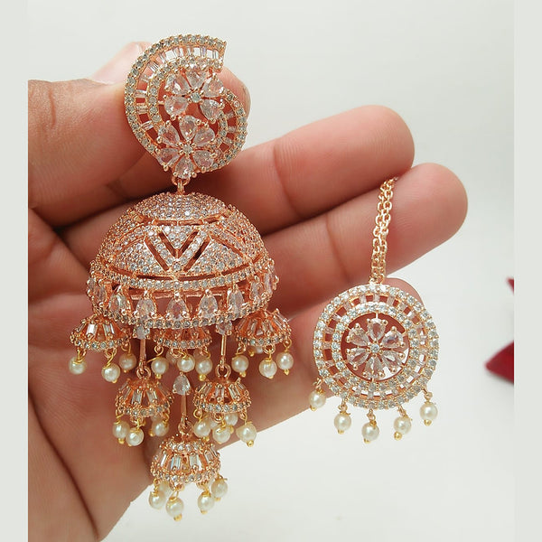 Everlasting Quality Jewels Rose Gold Plated AD Stone Dangler Earrings and Maangtikka