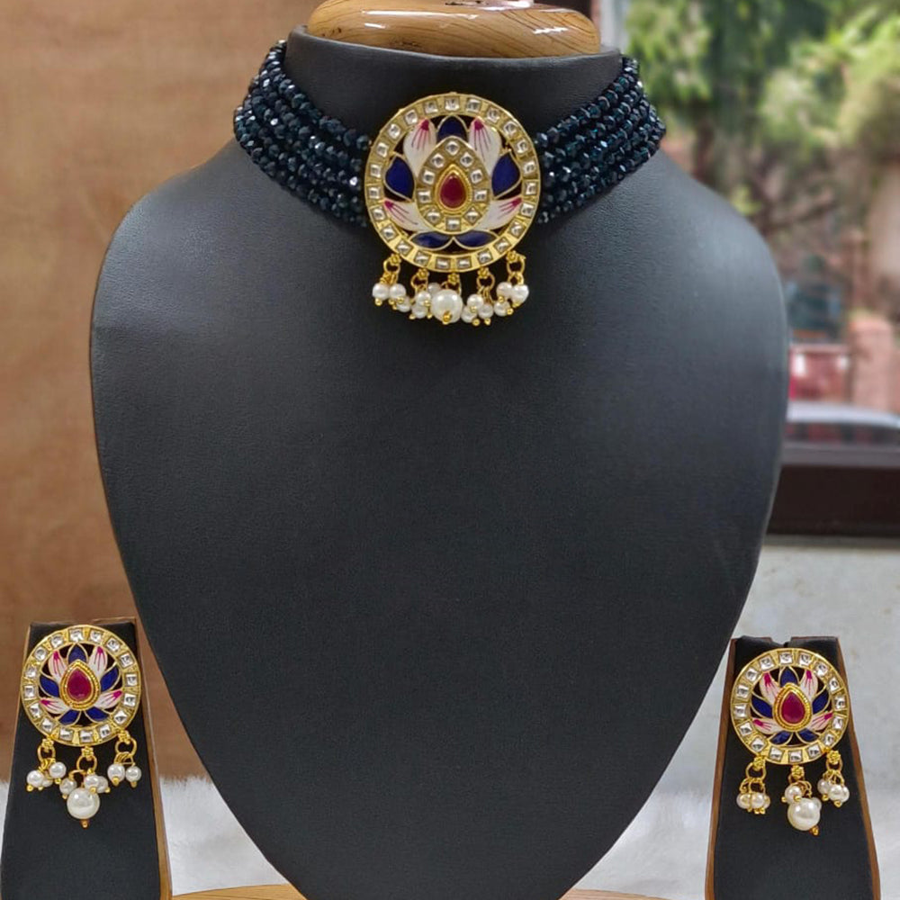 Everlasting Quality Jewels Gold Plated Kundan And Beads Choker Necklace Set