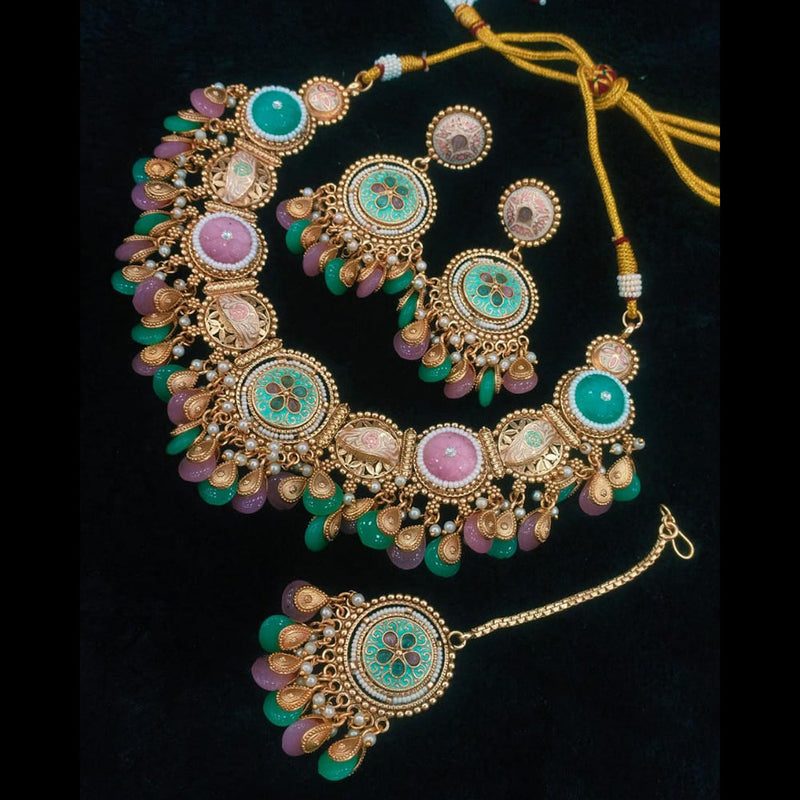 Everlasting Quality Jewels Gold Plated Pota Stone And Meenakari Necklace Set