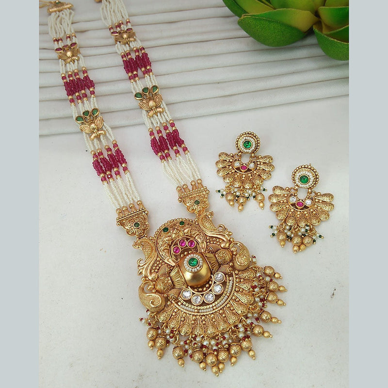 Everlasting Quality Jewels Gold Plated Pota Stone And Pearls Long Necklace Set