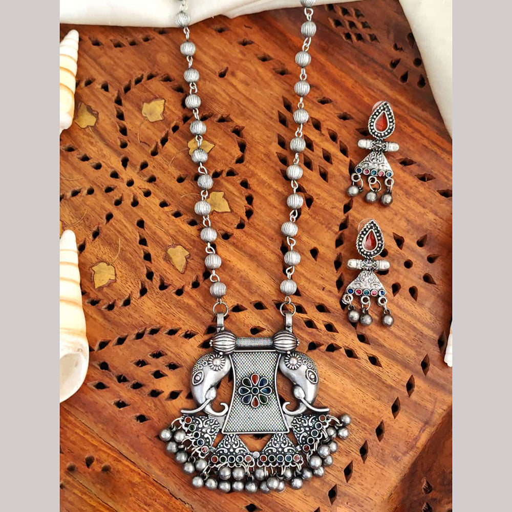 Everlasting Quality Jewels Oxidised Plated Pota Stone And Beads Necklace Set