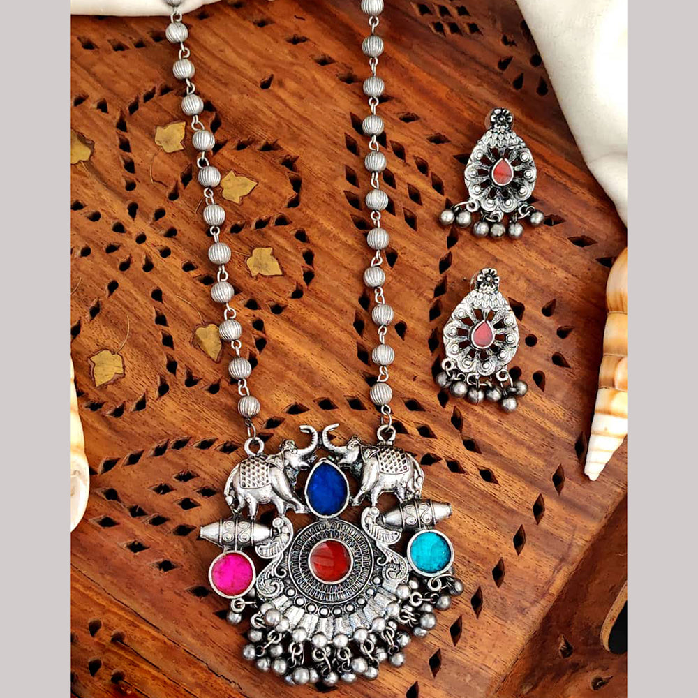 Everlasting Quality Jewels Oxidised Plated Pota Stone And Beads Necklace Set