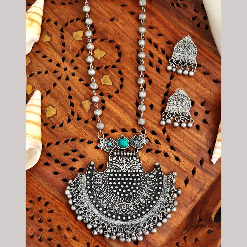 Everlasting Quality Jewels Oxidised Plated Pota Stone And Beads Necklace Set